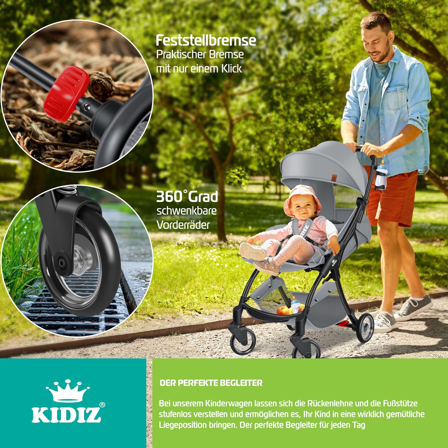 KIDIZ® Folding Pushchair, Sports Pram, 360° Wheels, 5-Point Harness, incl. Drinks Holder, Rain Cover, Adjustable Backrest and Sun Canopy, Red