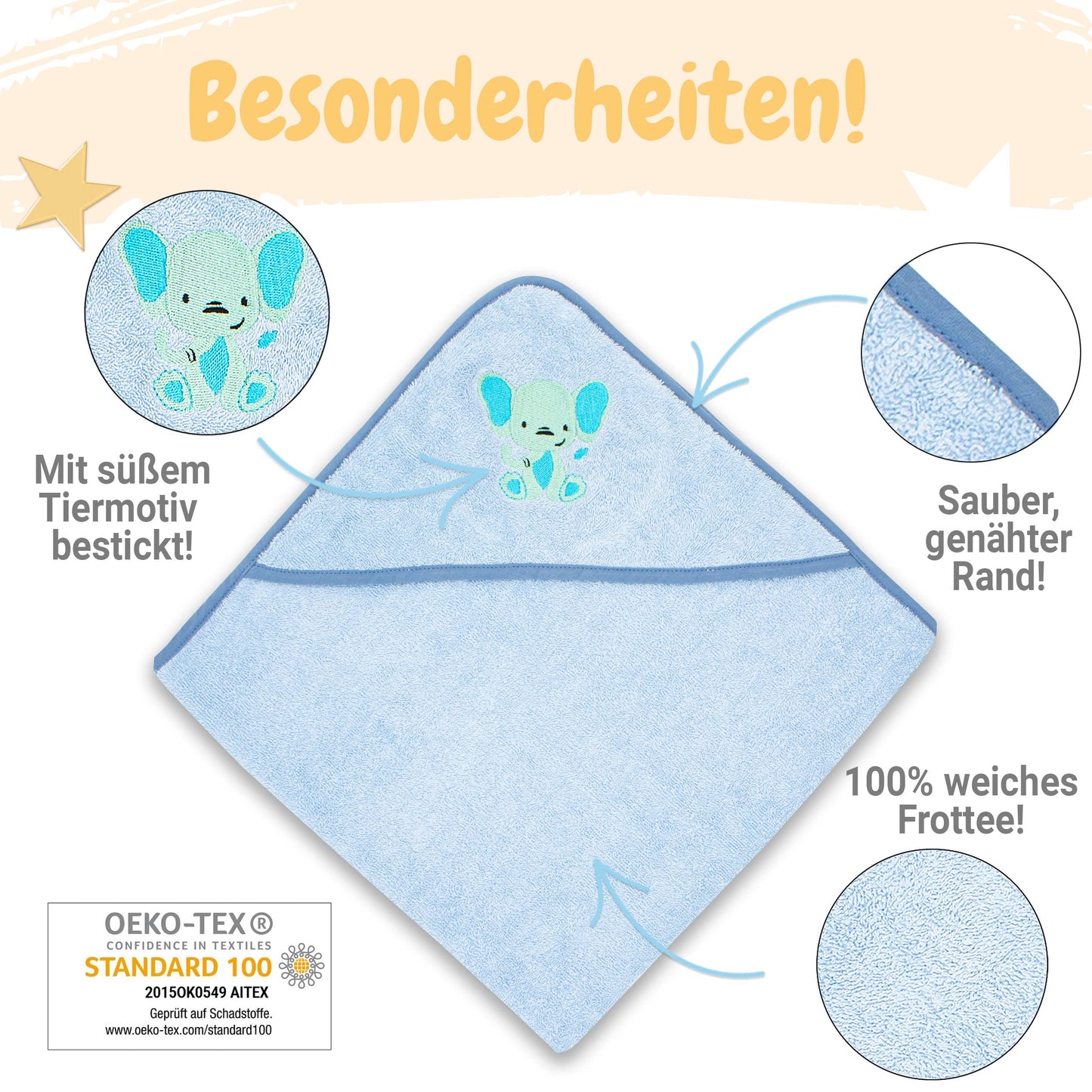 Babykajo Baby-Kapuzenhandtuch-Set mit 2 Waschlappen, Öko-Tex Standard 100 zertifiziert, weiches Frottee-Babyhandtuch mit Kapuze, 80 x 80 cm