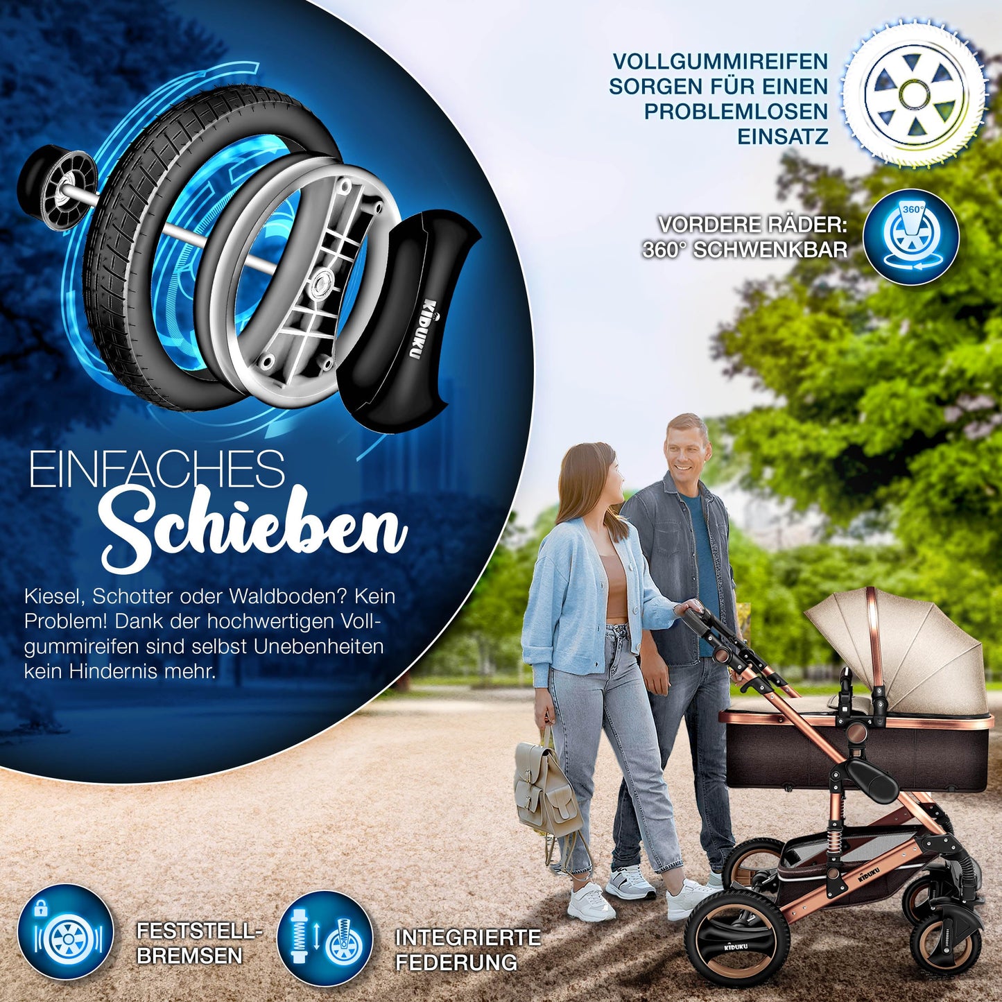 KIDUKU® 3 in 1 Kinderwagen Komplettset | Kombikinderwagen Set inkl. Babywanne & Buggy Sportsitz & Auto-Babyschale Fußsack | Vollgummireifen Wickeltasche Handwärmer Regenschutz Kindertisch ECE R129