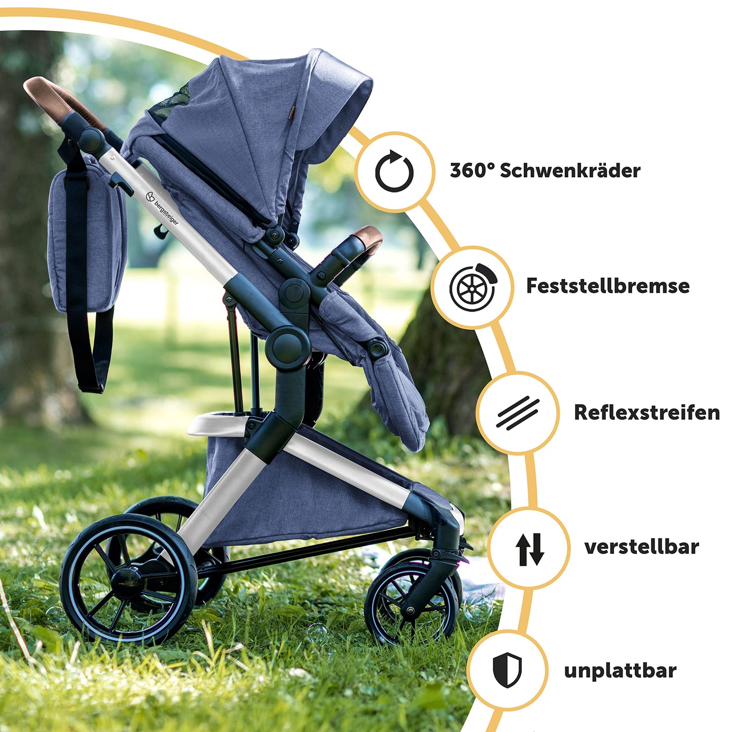 Bergsteiger Lugo 3-in-1 Pushchair Complete Set Including Accessories - Baby Seat, Buggy Attachment, Sun Protection & Weather Footmuff | Isofix Station Available