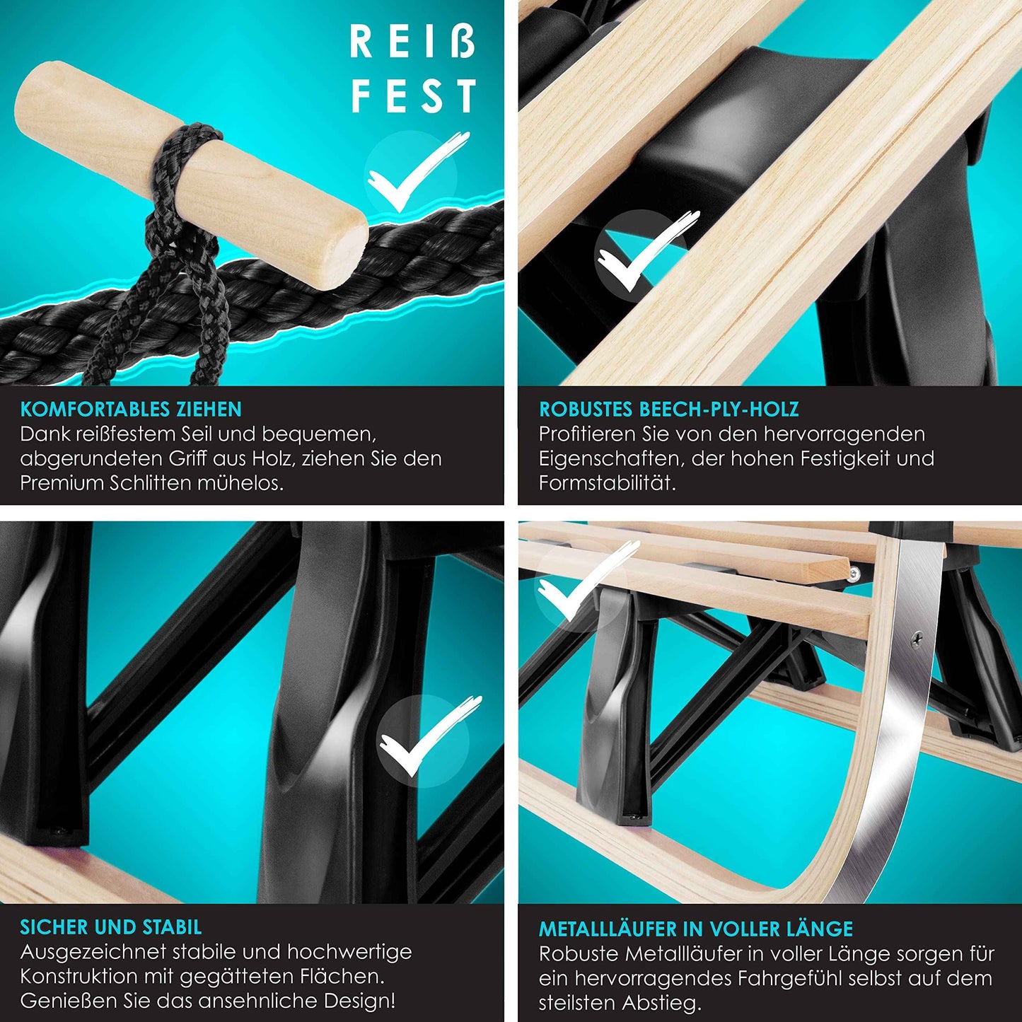 KESSER® Wooden Sledge Premium Children's Folding Sledge Made of Beech Wood Including Pull Rope Slider Metal Runners