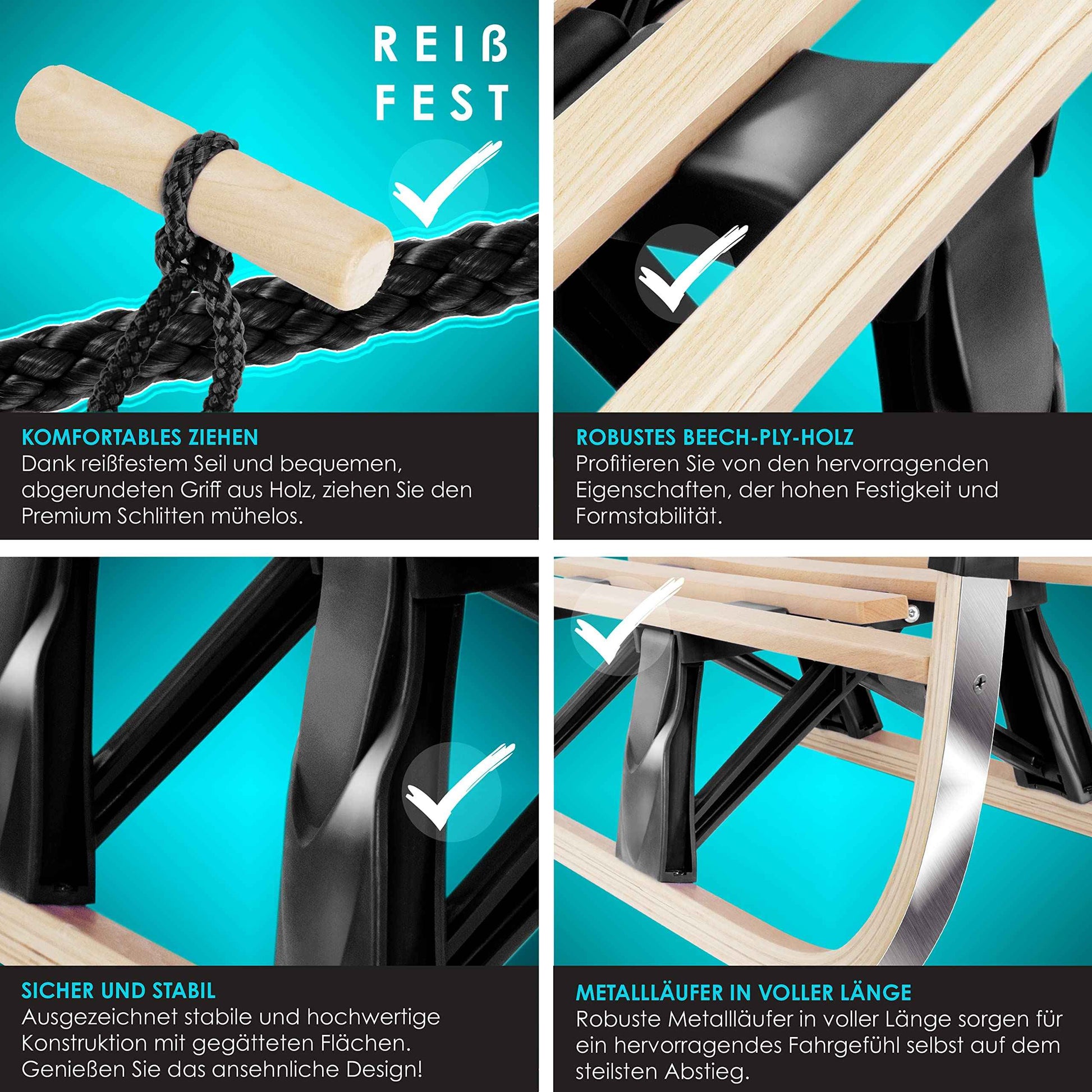 KESSER® Wooden Sledge Premium Children's Folding Sledge Made of Beech Wood Including Pull Rope Slider Metal Runners
