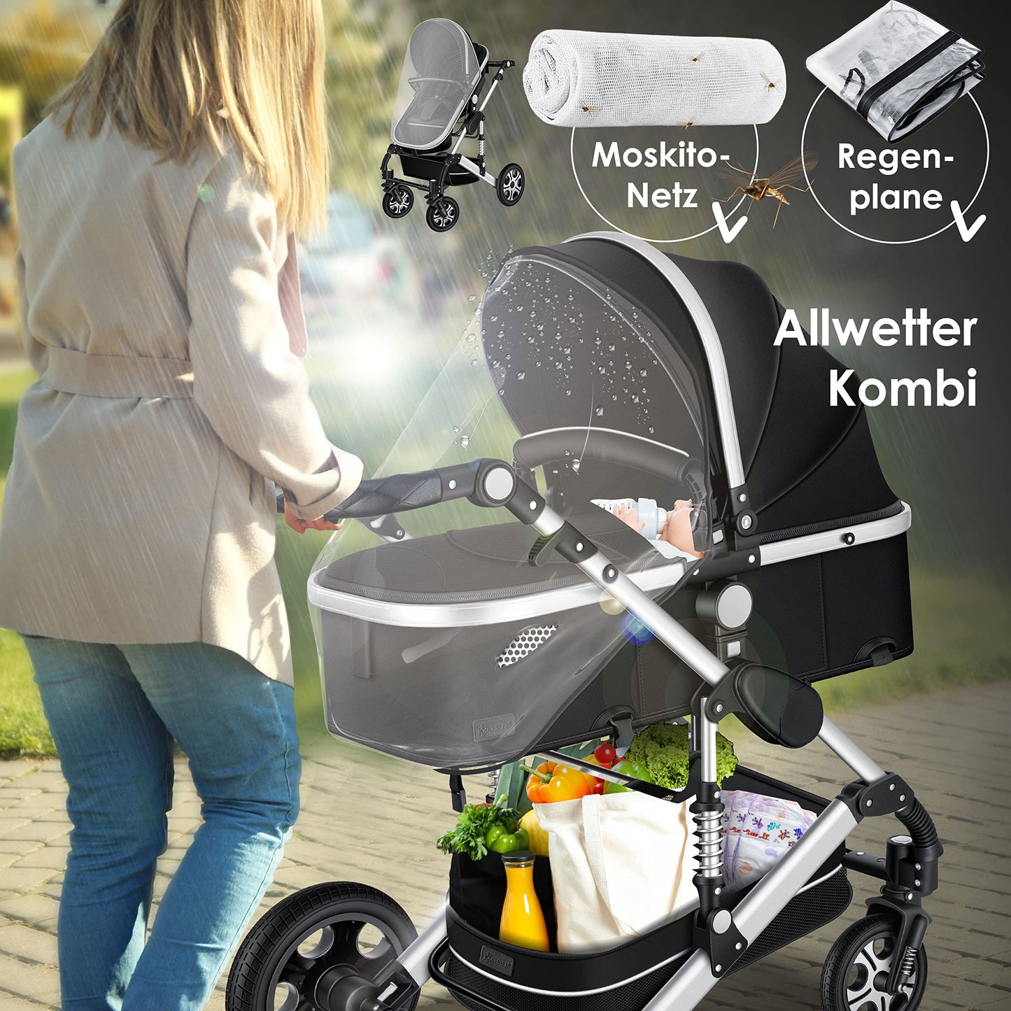 KESSER® Loops 3 in 1 Kinderwagen Kombikinderwagen Komplett-Set inkl. Babywanne & Buggy Sportsitz & Auto-Babyschale Voll-Gummireifen Wickeltasche Regenschutz Kindertisch ECE R129, Schwarz/Champagne - Meloni2