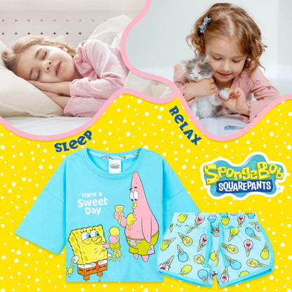 SPONGEBOB SQUAREPANTS Pyjama Kinder Teenager Weiche Mädchen Schlafanzug Kurz Sommer Lounge Set Geschenk für Mädchen