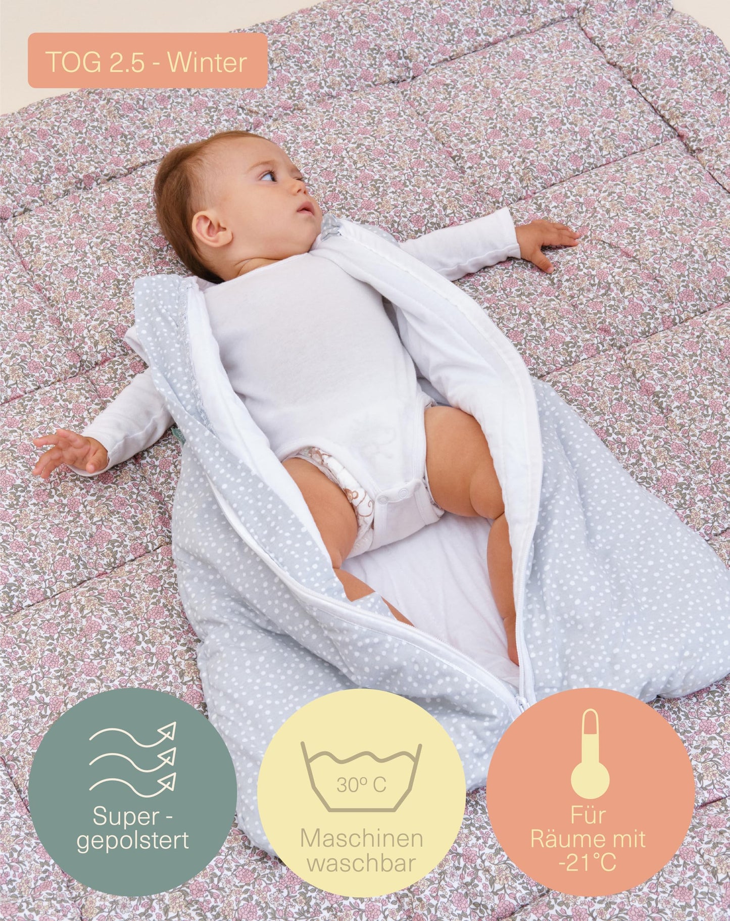 molis&co - Baby Sleeping Bag 2.5 TOG - All-Year Sleeping Bag - Baby Sleeping Bag Newborn - 100% Cotton (Oeko-Tex 100), Sleeveless Winter Sleeping Bag Padded - Premium Quality - Colima (70 cm)