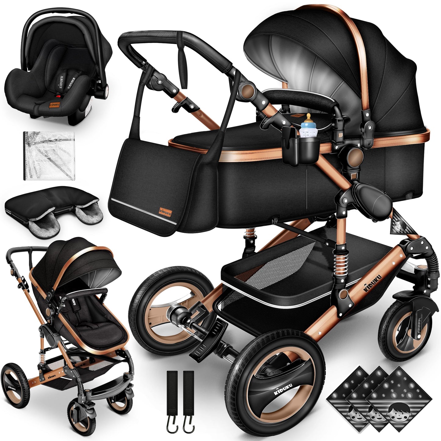 KIDUKU® 3 in 1 Kinderwagen Komplettset | Kombikinderwagen Set inkl. Babywanne & Buggy Sportsitz & Auto-Babyschale Fußsack | Vollgummireifen Wickeltasche Handwärmer Regenschutz Kindertisch ECE R129