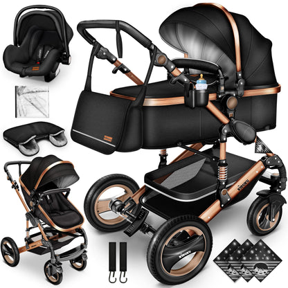 KIDUKU® 3 in 1 Kinderwagen Komplettset | Kombikinderwagen Set inkl. Babywanne & Buggy Sportsitz & Auto-Babyschale Fußsack | Vollgummireifen Wickeltasche Handwärmer Regenschutz Kindertisch ECE R129