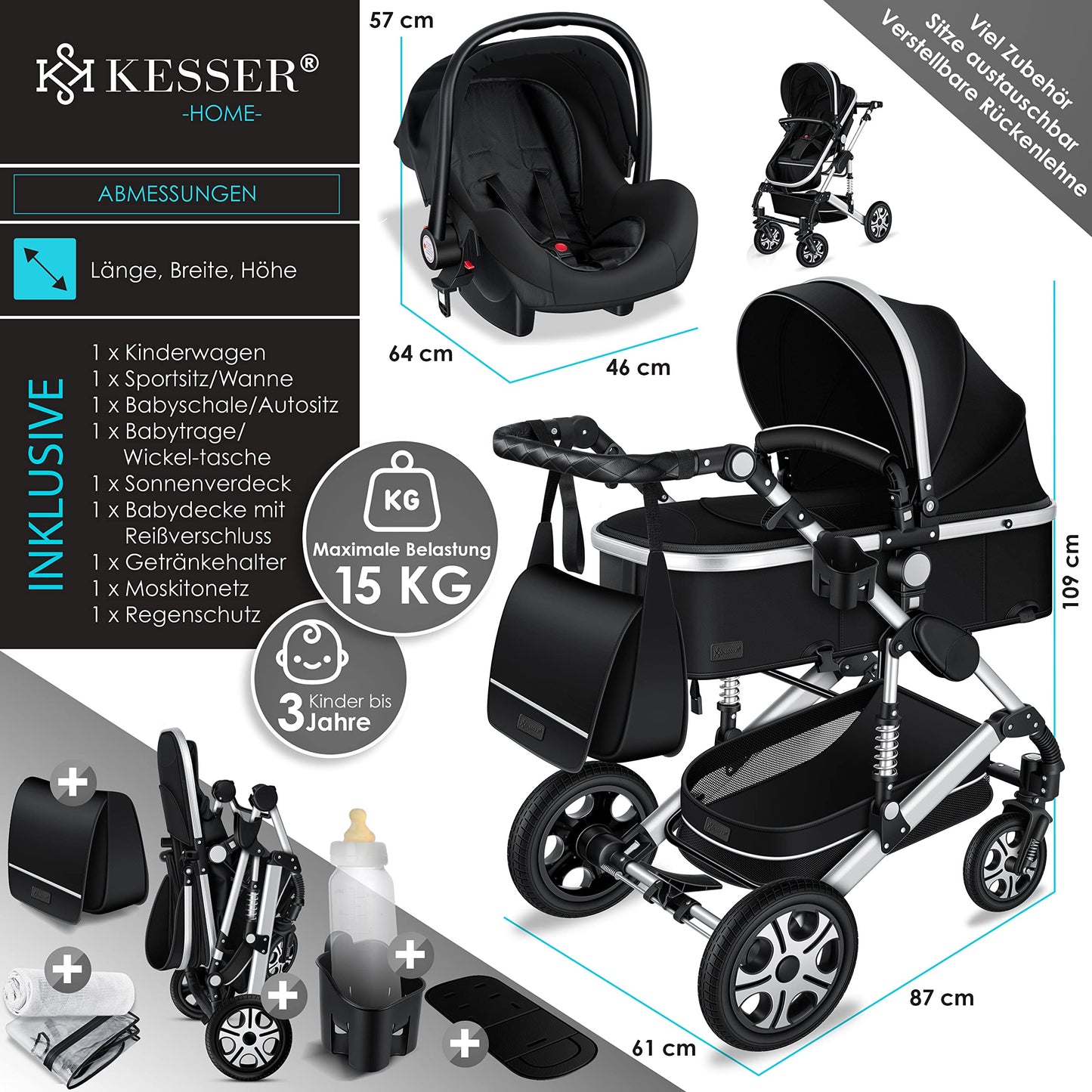KESSER® Loops 3 in 1 Kinderwagen Kombikinderwagen Komplett-Set inkl. Babywanne & Buggy Sportsitz & Auto-Babyschale Voll-Gummireifen Wickeltasche Regenschutz Kindertisch ECE R129, Schwarz/Champagne - Meloni2