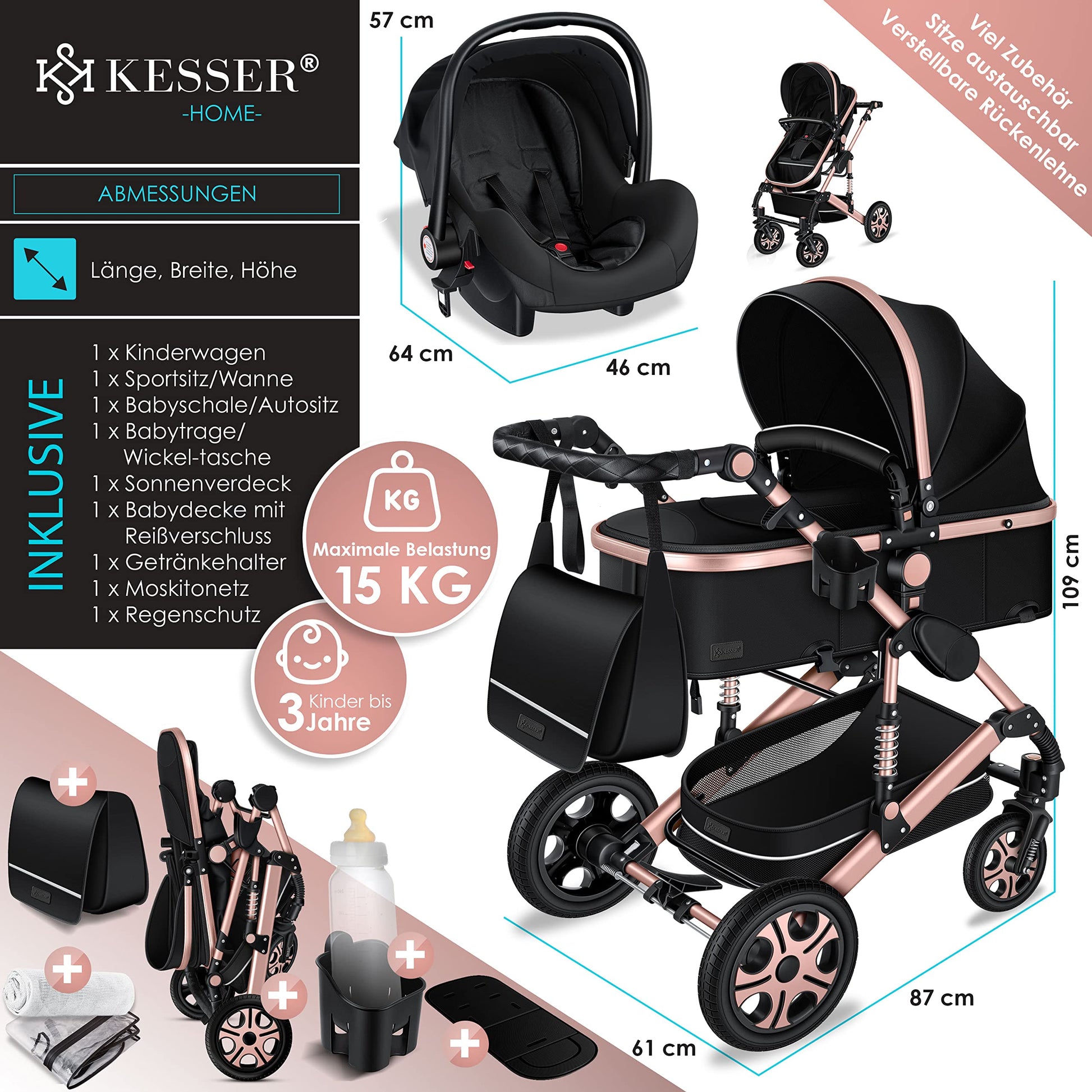 KESSER® Loops 3 in 1 Kinderwagen Kombikinderwagen Komplett-Set inkl. Babywanne & Buggy Sportsitz & Auto-Babyschale Voll-Gummireifen Wickeltasche Regenschutz Kindertisch ECE R129, Schwarz/Champagne - Meloni2