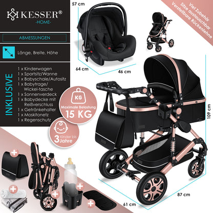 KESSER® Loops 3 in 1 Kinderwagen Kombikinderwagen Komplett-Set inkl. Babywanne & Buggy Sportsitz & Auto-Babyschale Voll-Gummireifen Wickeltasche Regenschutz Kindertisch ECE R129, Schwarz/Champagne - Meloni2