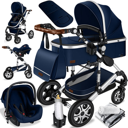 KESSER® Loops 3 in 1 Kinderwagen Kombikinderwagen Komplett-Set inkl. Babywanne & Buggy Sportsitz & Auto-Babyschale Voll-Gummireifen Wickeltasche Regenschutz Kindertisch ECE R129, Schwarz/Champagne - Meloni2