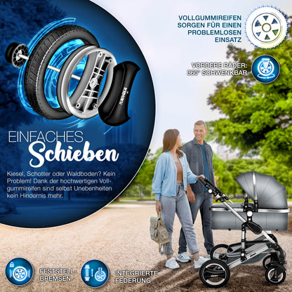 KIDUKU® 3 in 1 Kinderwagen Komplettset | Kombikinderwagen Set inkl. Babywanne & Buggy Sportsitz & Auto-Babyschale Fußsack | Vollgummireifen Wickeltasche Handwärmer Regenschutz Kindertisch ECE R129