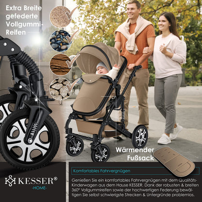 KESSER® Loops 3 in 1 Kinderwagen Kombikinderwagen Komplett-Set inkl. Babywanne & Buggy Sportsitz & Auto-Babyschale Voll-Gummireifen Wickeltasche Regenschutz Kindertisch ECE R129, Schwarz/Champagne - Meloni2