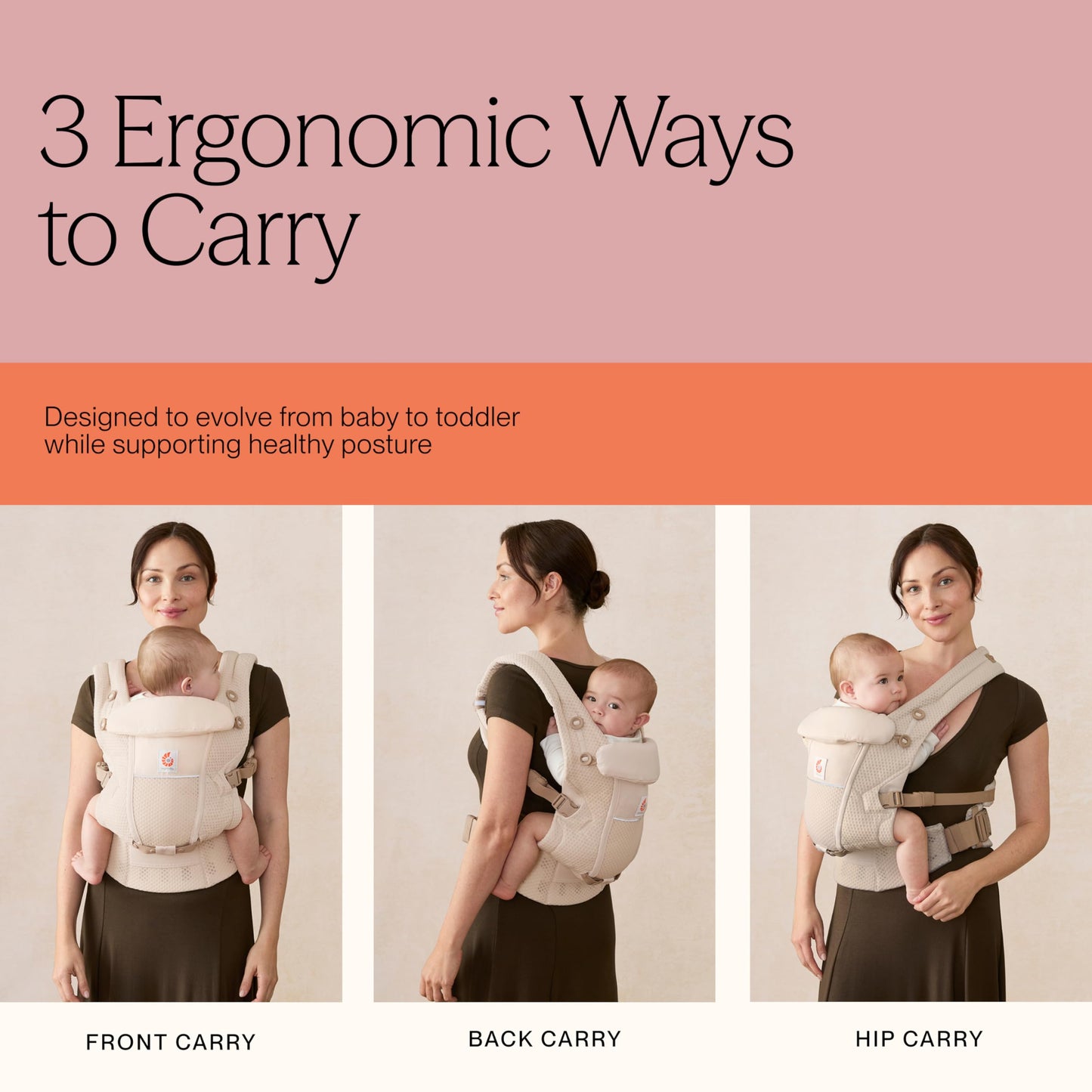 Ergobaby Adapt Babytrage für Neugeborene ab Geburt, 3-Positionen SoftFlex Mesh Ergonomische Babybauchtrage Rückentrage Baby-Tragetasche, Natural Beige, 1 Einheit