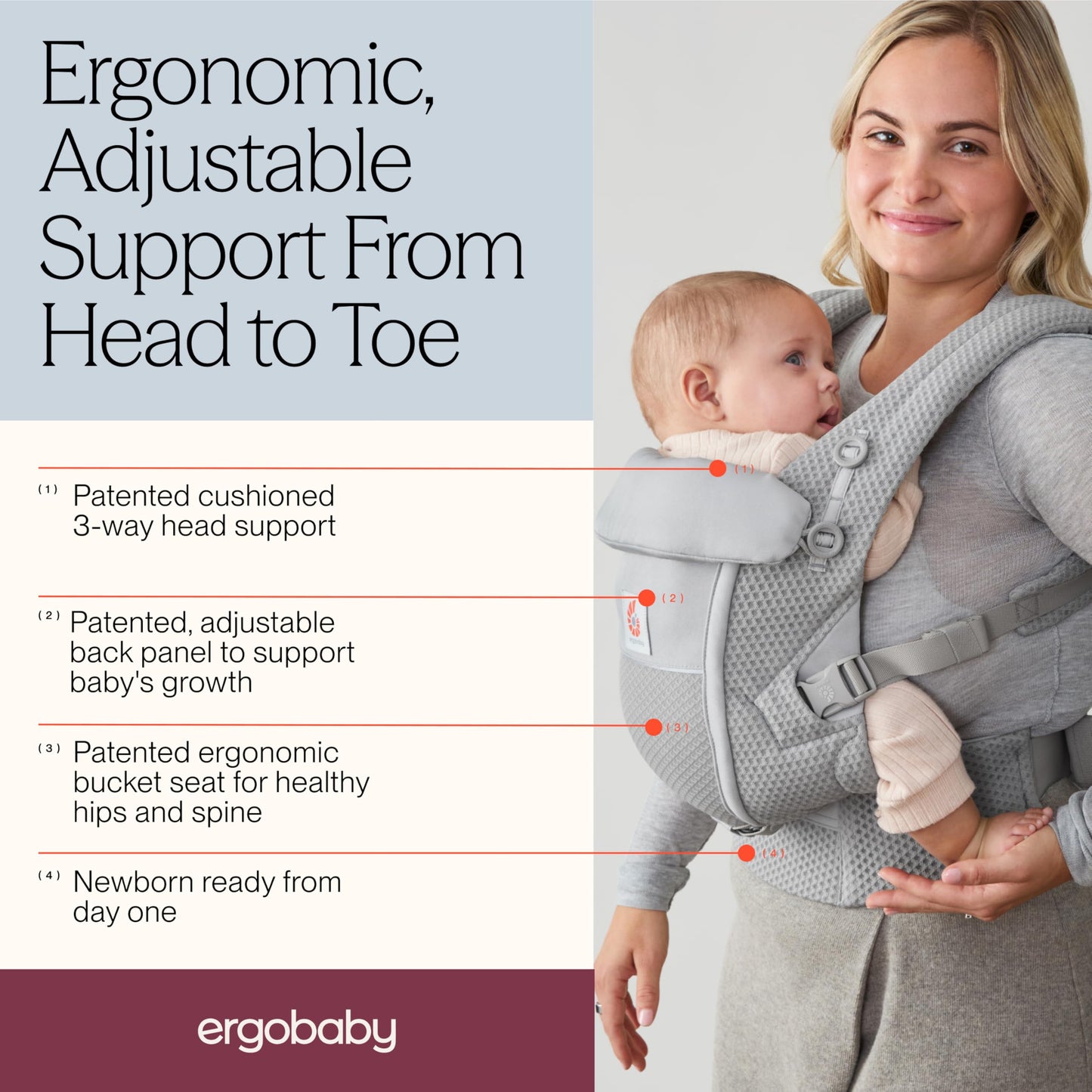 Ergobaby Adapt Babytrage für Neugeborene ab Geburt, 3-Positionen SoftFlex Mesh Ergonomische Babybauchtrage Rückentrage Baby-Tragetasche, Natural Beige, 1 Einheit