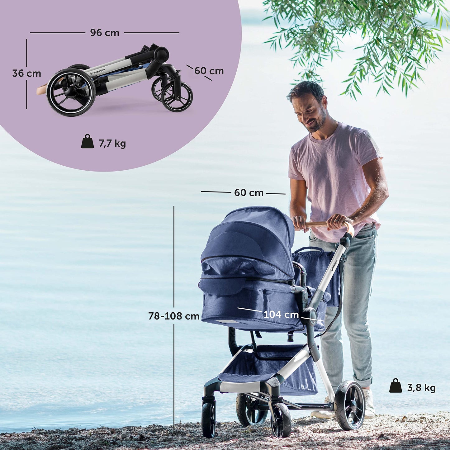 Bergsteiger Lugo 3-in-1 Pushchair Complete Set Including Accessories - Baby Seat, Buggy Attachment, Sun Protection & Weather Footmuff | Isofix Station Available