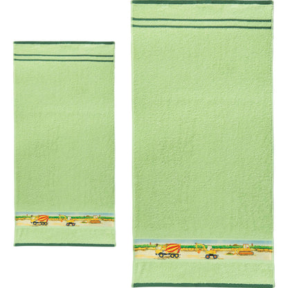 Erwin Müller Kinder-Waschhandschuh, Waschlappen 4er-Pack Traktor, Bagger grün Größe 15x21 cm - 100% Baumwolle, mit hochwertigem Stickmotiv