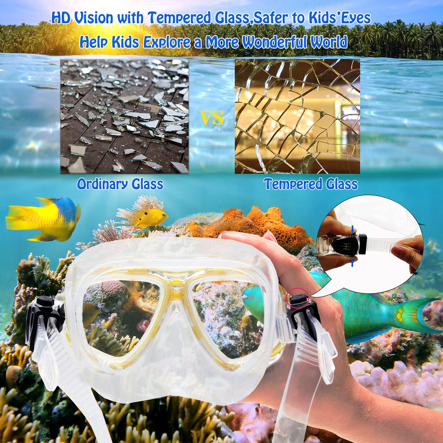 HH HHAO SPORT Children's snorkel set with fins, 180° panorama wide view diving goggles children, adjustable flippers, high-quality diving mask and dry top snorkel