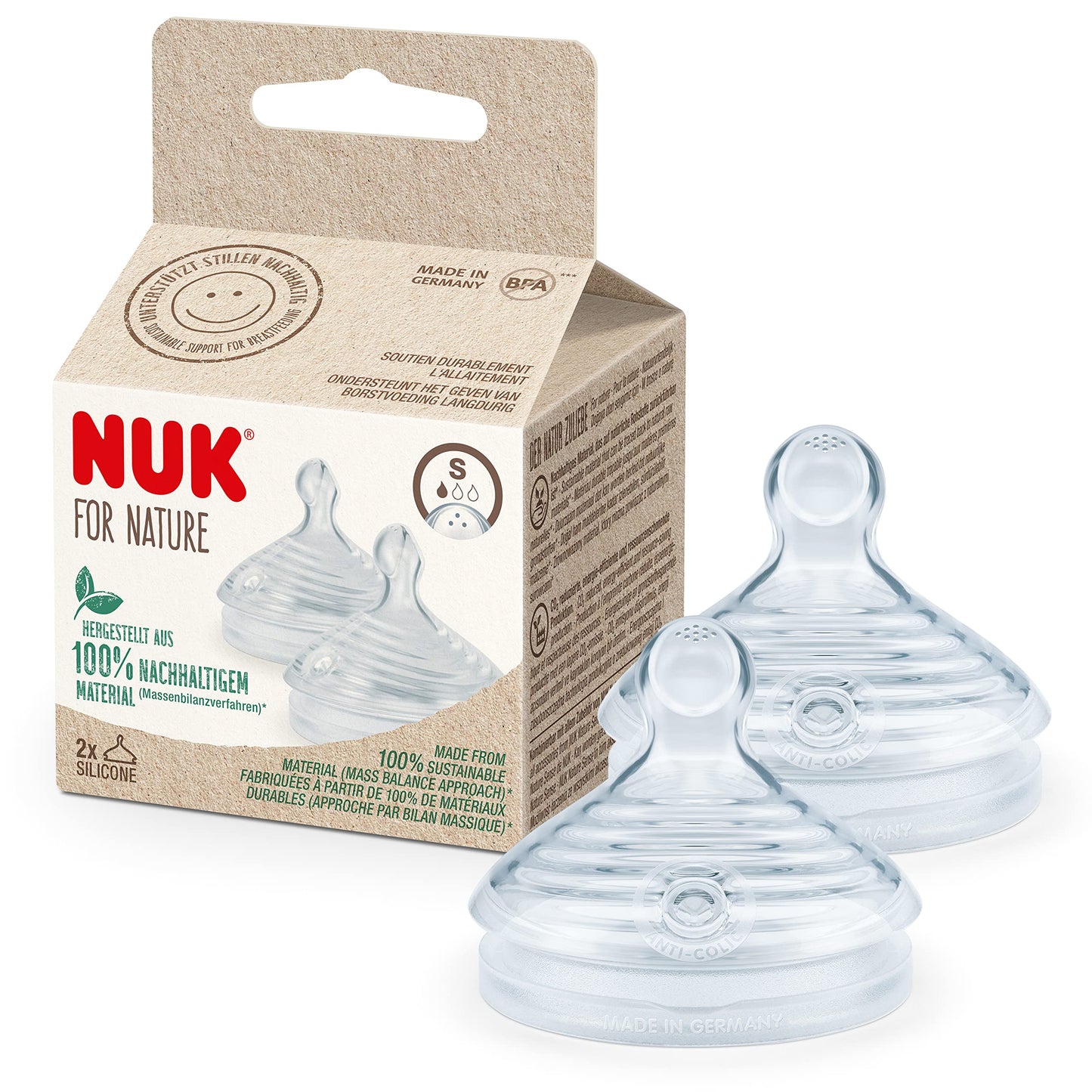 NUK for Nature Babyflaschen | mittelgroßer Trinksauger | 260 ml | Der Mutterbrust nachempfundener Anti-Colic Trinksauger ( Silikon) | Temperature Control | Nachhaltige Materialien | Grün
