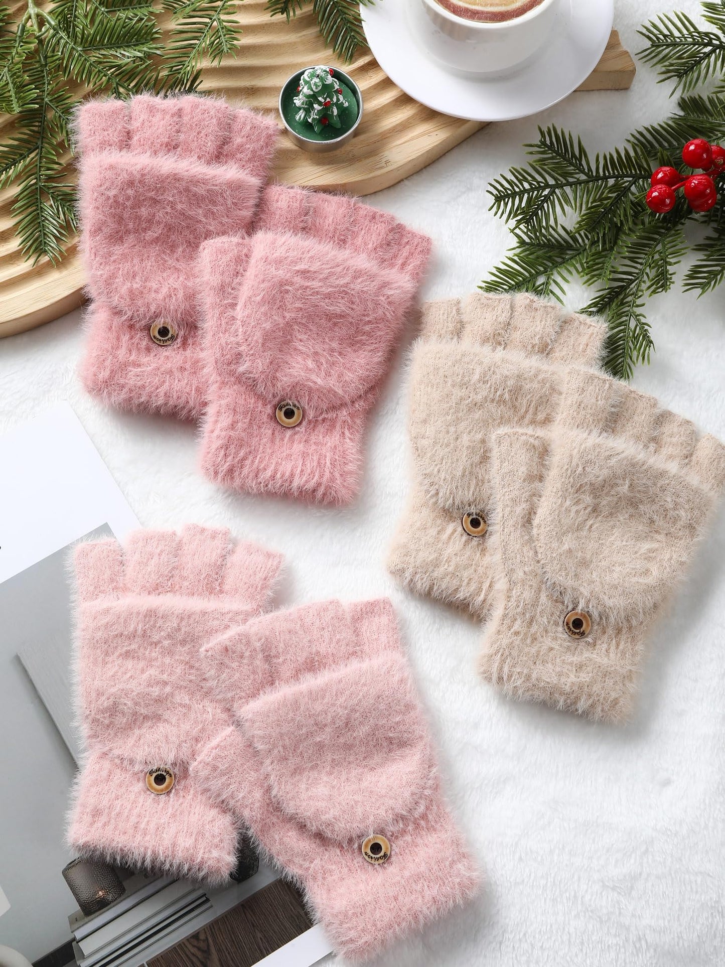 Geyoga 3er Pack Fingerlose Handschuhe mit Klappe Damen Winter Halbfinger Fäustlinge Handschuhe für Kinder