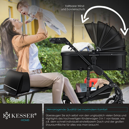 KESSER® Loops 3 in 1 Stroller Combi Stroller Complete Set including Carrycot &amp; Buggy Sports Seat &amp; Car Seat Solid Rubber Tires Changing Bag Rain Cover Children's Table ECE R129, Black/Champagne 