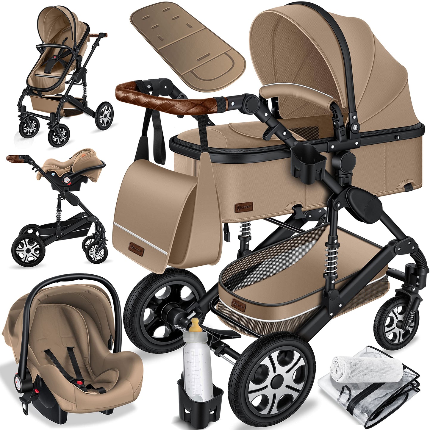 KESSER® Loops 3 in 1 Kinderwagen Kombikinderwagen Komplett-Set inkl. Babywanne & Buggy Sportsitz & Auto-Babyschale Voll-Gummireifen Wickeltasche Regenschutz Kindertisch ECE R129, Schwarz/Champagne - Meloni2