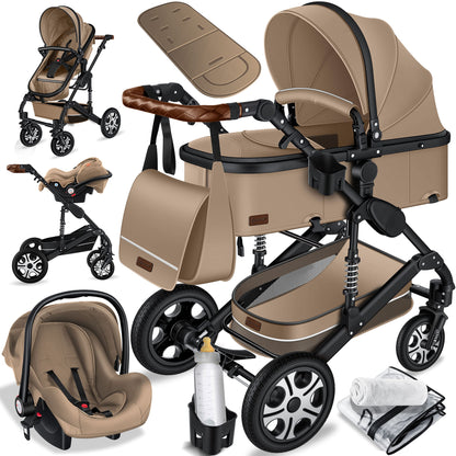 KESSER® Loops 3 in 1 Kinderwagen Kombikinderwagen Komplett-Set inkl. Babywanne & Buggy Sportsitz & Auto-Babyschale Voll-Gummireifen Wickeltasche Regenschutz Kindertisch ECE R129, Schwarz/Champagne - Meloni2