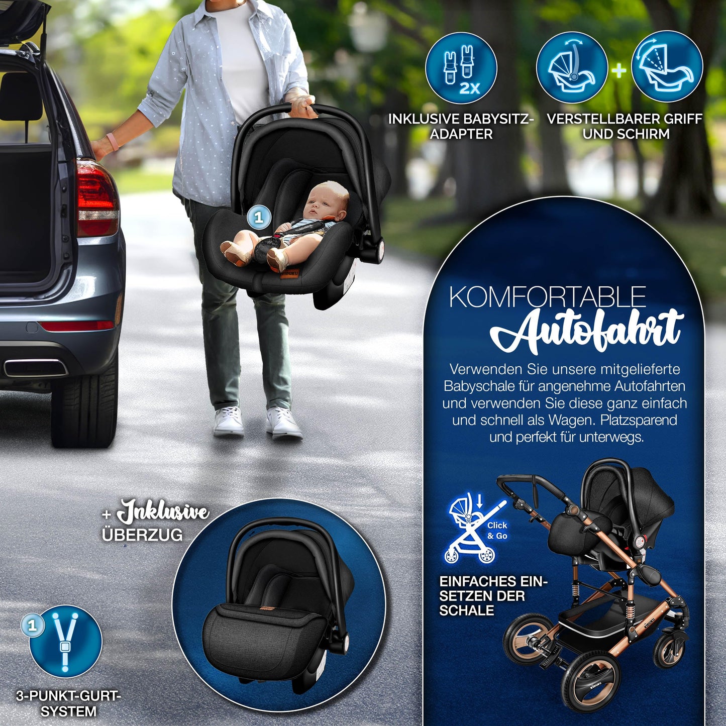 KIDUKU® 3 in 1 Kinderwagen Komplettset | Kombikinderwagen Set inkl. Babywanne & Buggy Sportsitz & Auto-Babyschale Fußsack | Vollgummireifen Wickeltasche Handwärmer Regenschutz Kindertisch ECE R129