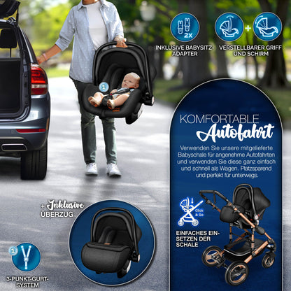 KIDUKU® 3 in 1 Kinderwagen Komplettset | Kombikinderwagen Set inkl. Babywanne & Buggy Sportsitz & Auto-Babyschale Fußsack | Vollgummireifen Wickeltasche Handwärmer Regenschutz Kindertisch ECE R129