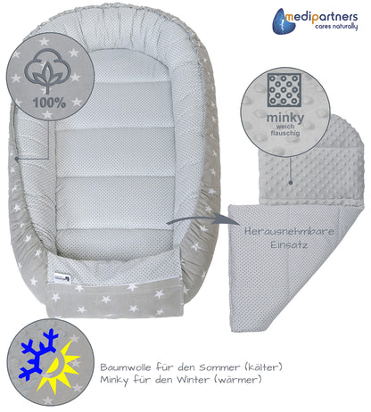 Medi Partners Babynestchen Babynest Set 100x60x15 Kuschelnest 5 teilig herausnehmbarer Einsatz Kokon Nestchen Babys Neugeborene 100% Baumwolle (REH mit Grauem Minky)