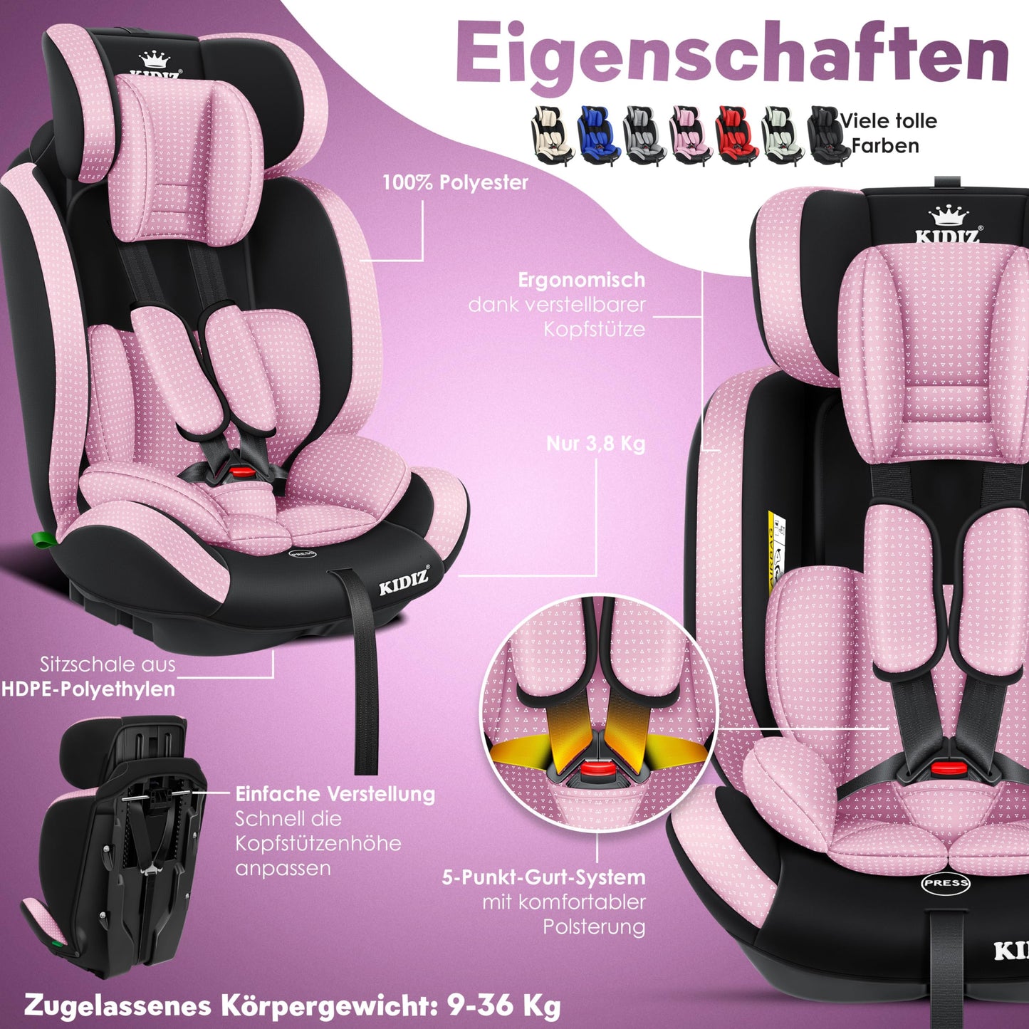 KIDIZ® Autokindersitz Triangle Premium Kindersitz Kinderautositz | Autositz Sitzschale | 9 kg - 36 kg 1-12 Jahre | Gruppe 1/2/3 | universal | zugelassen nach ECE R129/03 | mit Isofix