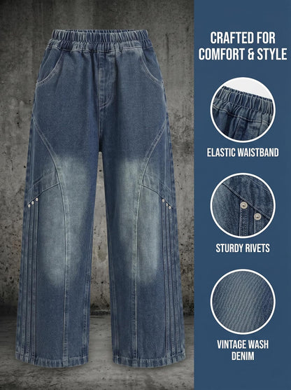Baggy Jeans Jungen Weites Bein Gummibund Denim Jeanshosen Gr.120-170 | Baumwolle Lässige kinder Jeans Jungen Elastischer Freizeithose für 5-14 Jahren