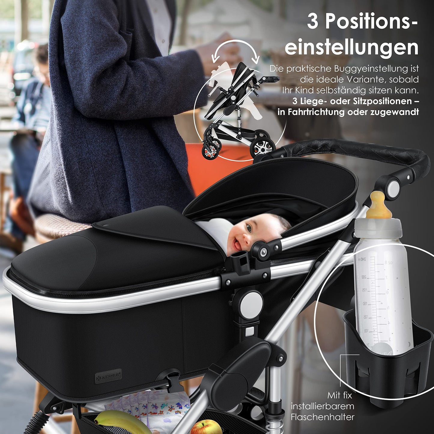 KESSER® Loops 3 in 1 Kinderwagen Kombikinderwagen Komplett-Set inkl. Babywanne & Buggy Sportsitz & Auto-Babyschale Voll-Gummireifen Wickeltasche Regenschutz Kindertisch ECE R129, Schwarz/Champagne - Meloni2
