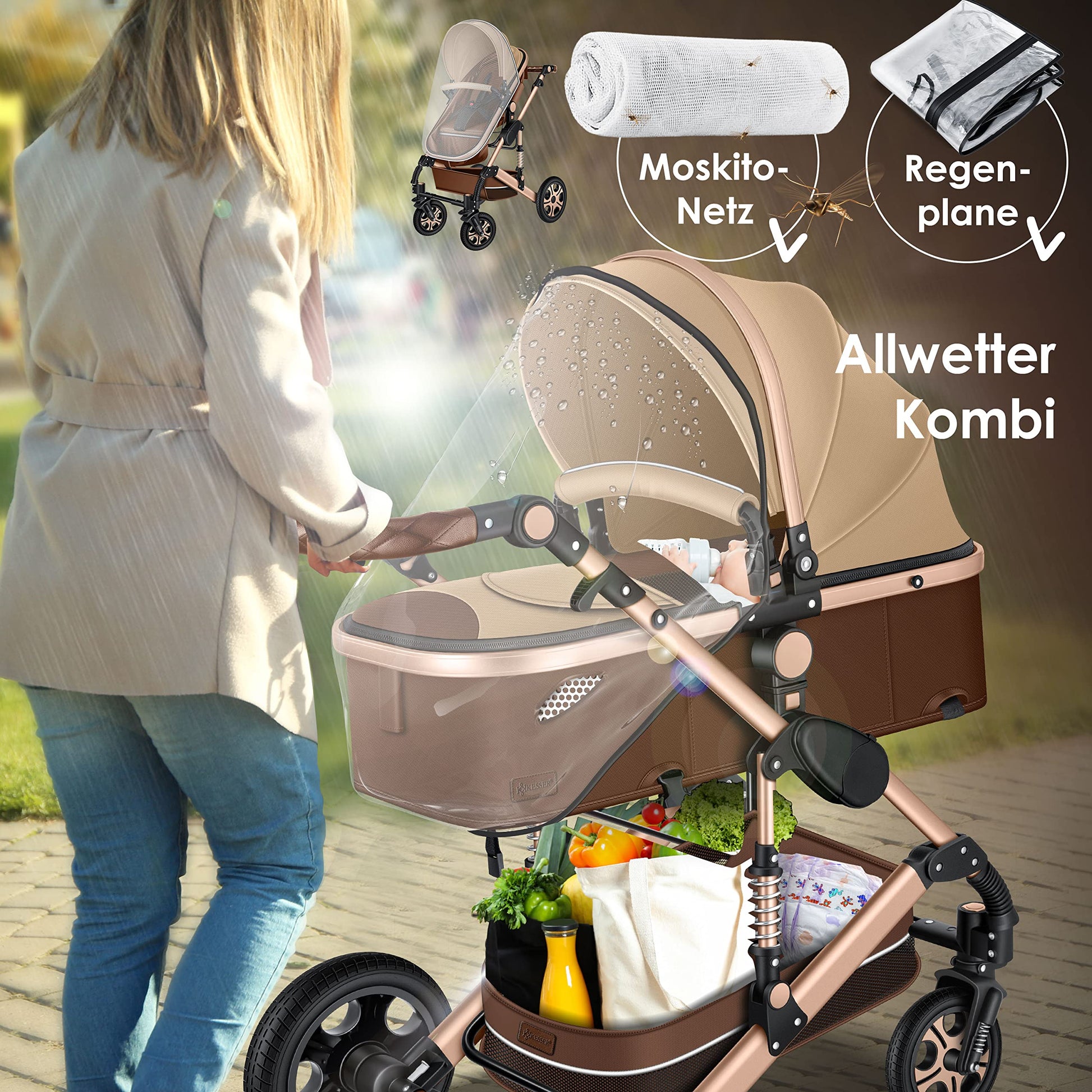 KESSER® Loops 3 in 1 Kinderwagen Kombikinderwagen Komplett-Set inkl. Babywanne & Buggy Sportsitz & Auto-Babyschale Voll-Gummireifen Wickeltasche Regenschutz Kindertisch ECE R129, Schwarz/Champagne - Meloni2