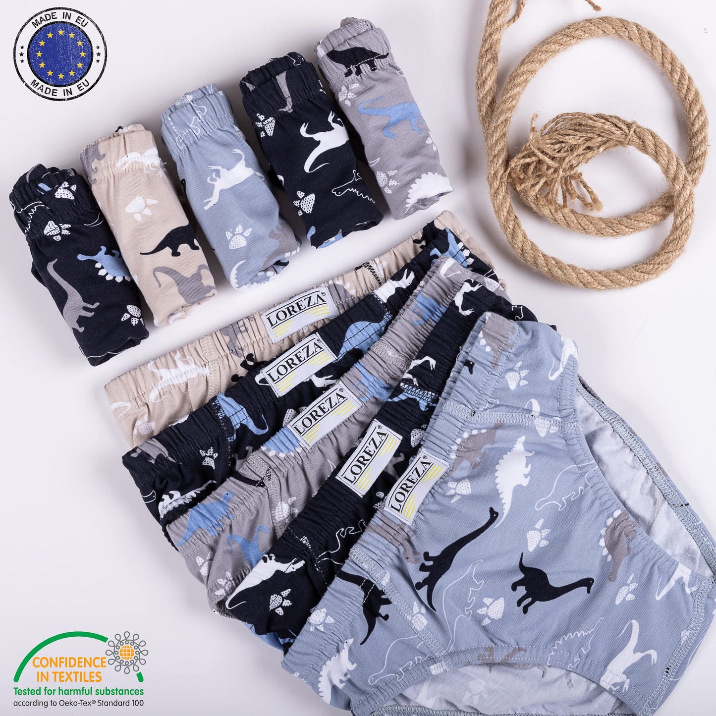 LOREZA ® 10er Pack Jungen Boxershorts Slips Dinosaurier Motiv Unterhosen Baumwolle
