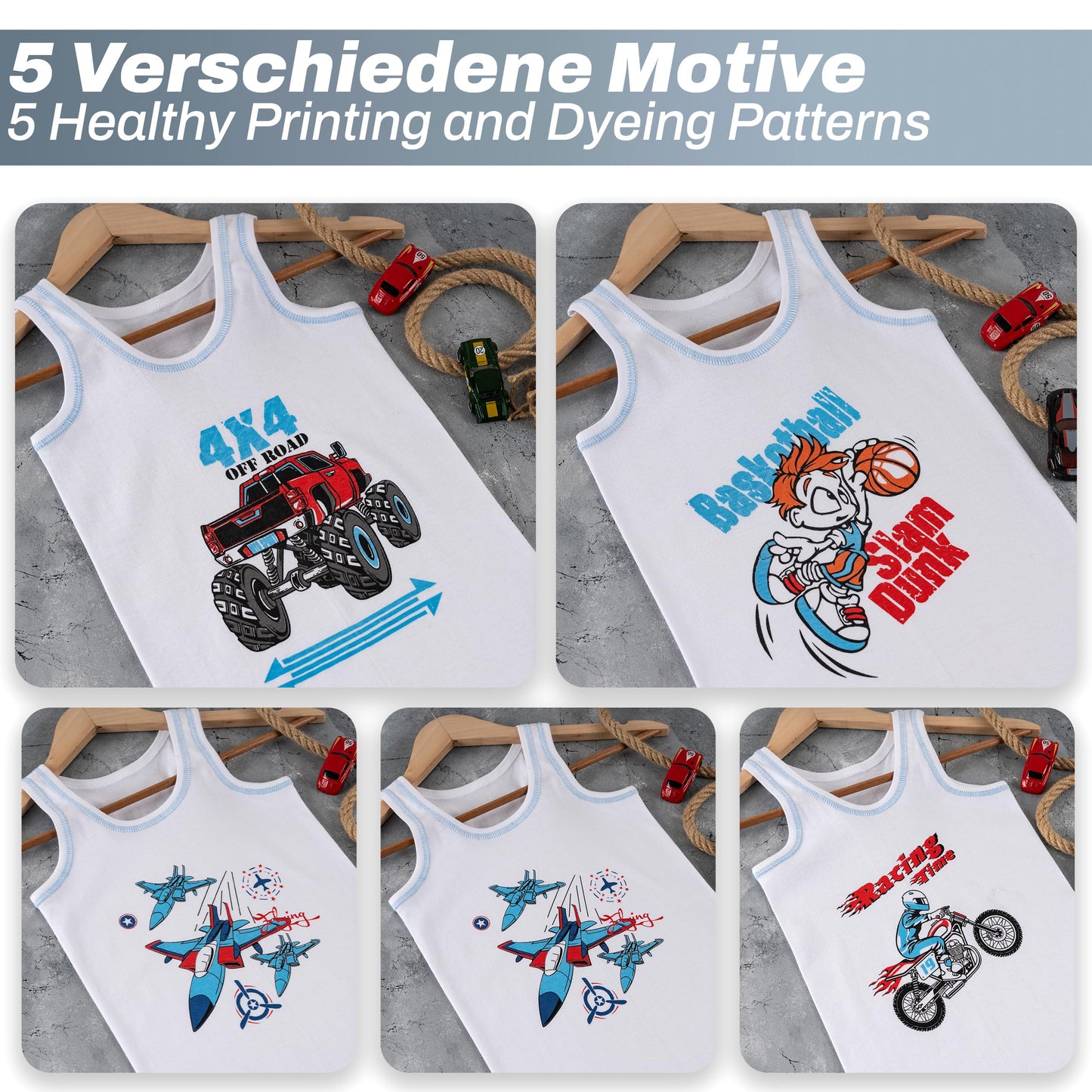 LOREZA ® 5 Pack Jungen Unterhemden 100% gerippte Baumwolle ohne Seitennaht Tank Top