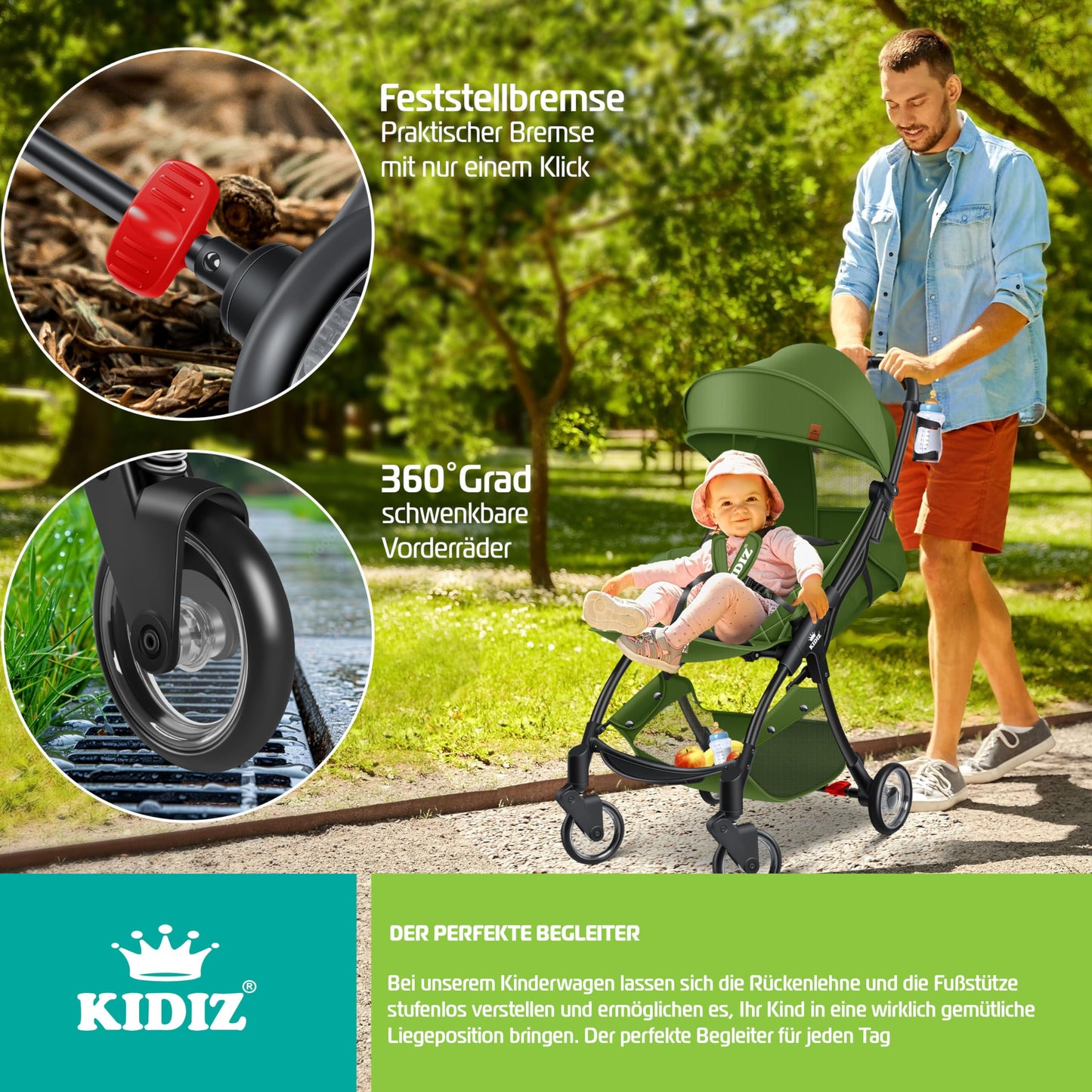 KIDIZ® Folding Pushchair, Sports Pram, 360° Wheels, 5-Point Harness, incl. Drinks Holder, Rain Cover, Adjustable Backrest and Sun Canopy, Red