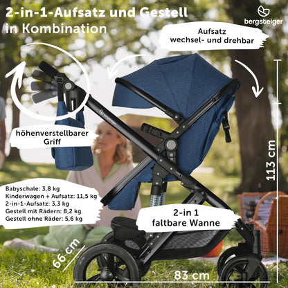 Bergsteiger Nizza 3 in 1 Kinderwagen, Kombikinderwagen Komplettset, Auto-Babyschale & Isofix Station, Babywanne & Buggy Sportsitz inklusive