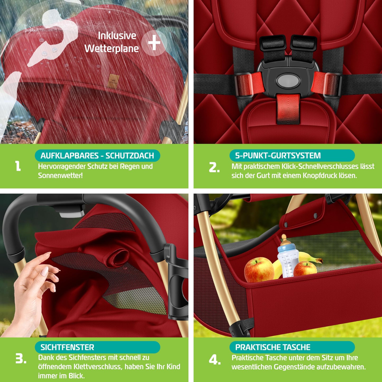KIDIZ® Folding Pushchair, Sports Pram, 360° Wheels, 5-Point Harness, incl. Drinks Holder, Rain Cover, Adjustable Backrest and Sun Canopy, Red