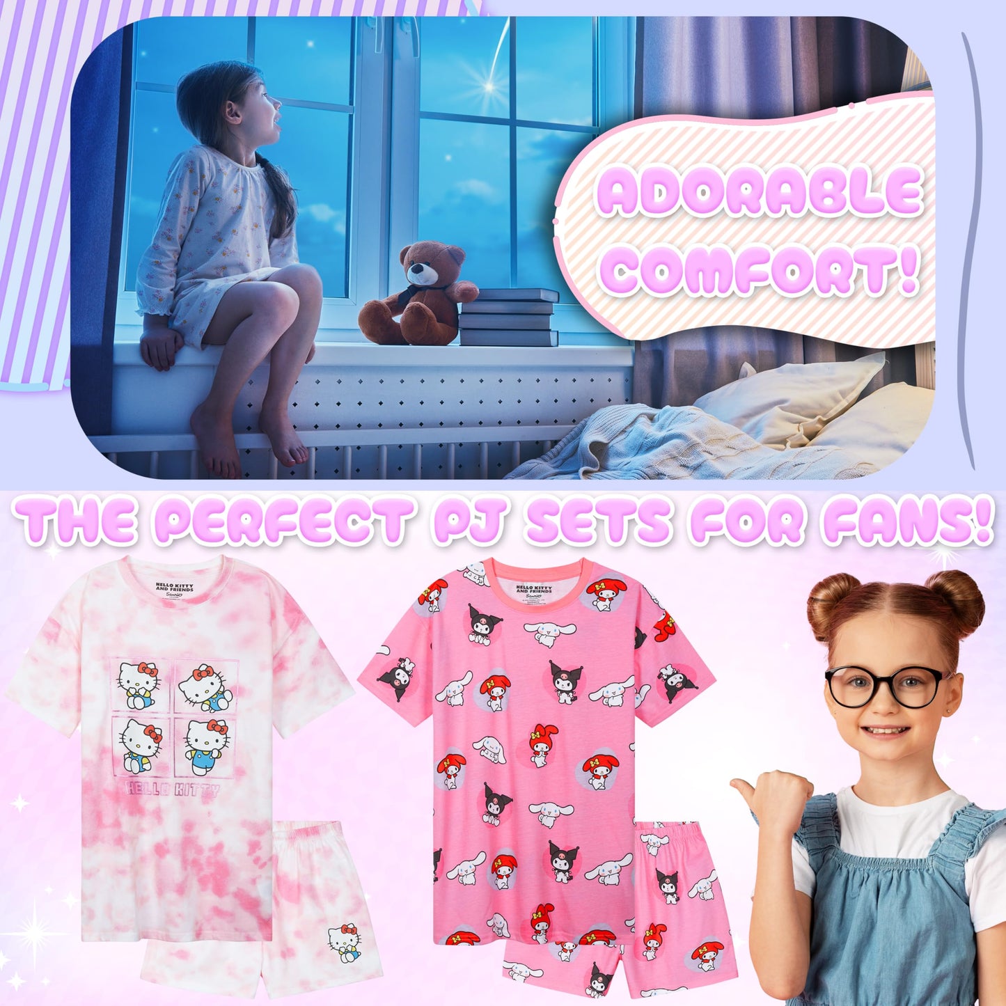 Get Trend Schlafanzug Mädchen Kurz 2er Pack Kawaii Pyjama Kinder Sanrio Kuromi Bequeme Schlafanzüge Teenager Mädchen Geschenk Idee