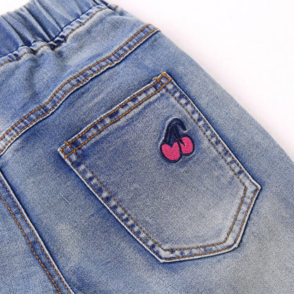 KIDSCOOL SPACE Girls Jeans Split Hem with RAL Edges Elastic Waist in High Elastic Wide Leg Denim Pants