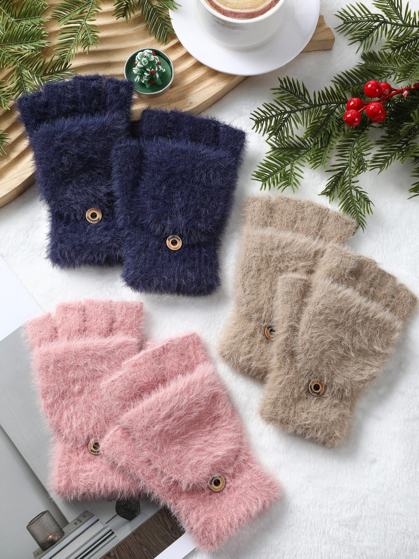 Geyoga 3er Pack Fingerlose Handschuhe mit Klappe Damen Winter Halbfinger Fäustlinge Handschuhe für Kinder
