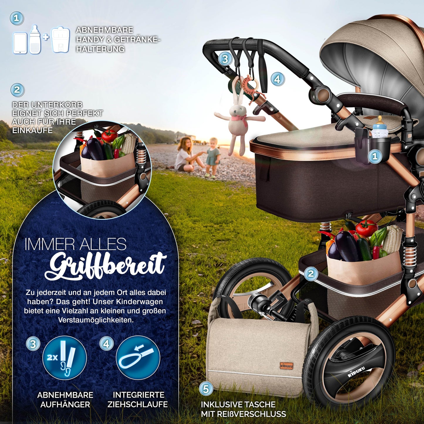 KIDUKU® 3 in 1 Kinderwagen Komplettset | Kombikinderwagen Set inkl. Babywanne & Buggy Sportsitz & Auto-Babyschale Fußsack | Vollgummireifen Wickeltasche Handwärmer Regenschutz Kindertisch ECE R129