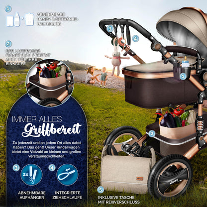 KIDUKU® 3 in 1 Kinderwagen Komplettset | Kombikinderwagen Set inkl. Babywanne & Buggy Sportsitz & Auto-Babyschale Fußsack | Vollgummireifen Wickeltasche Handwärmer Regenschutz Kindertisch ECE R129