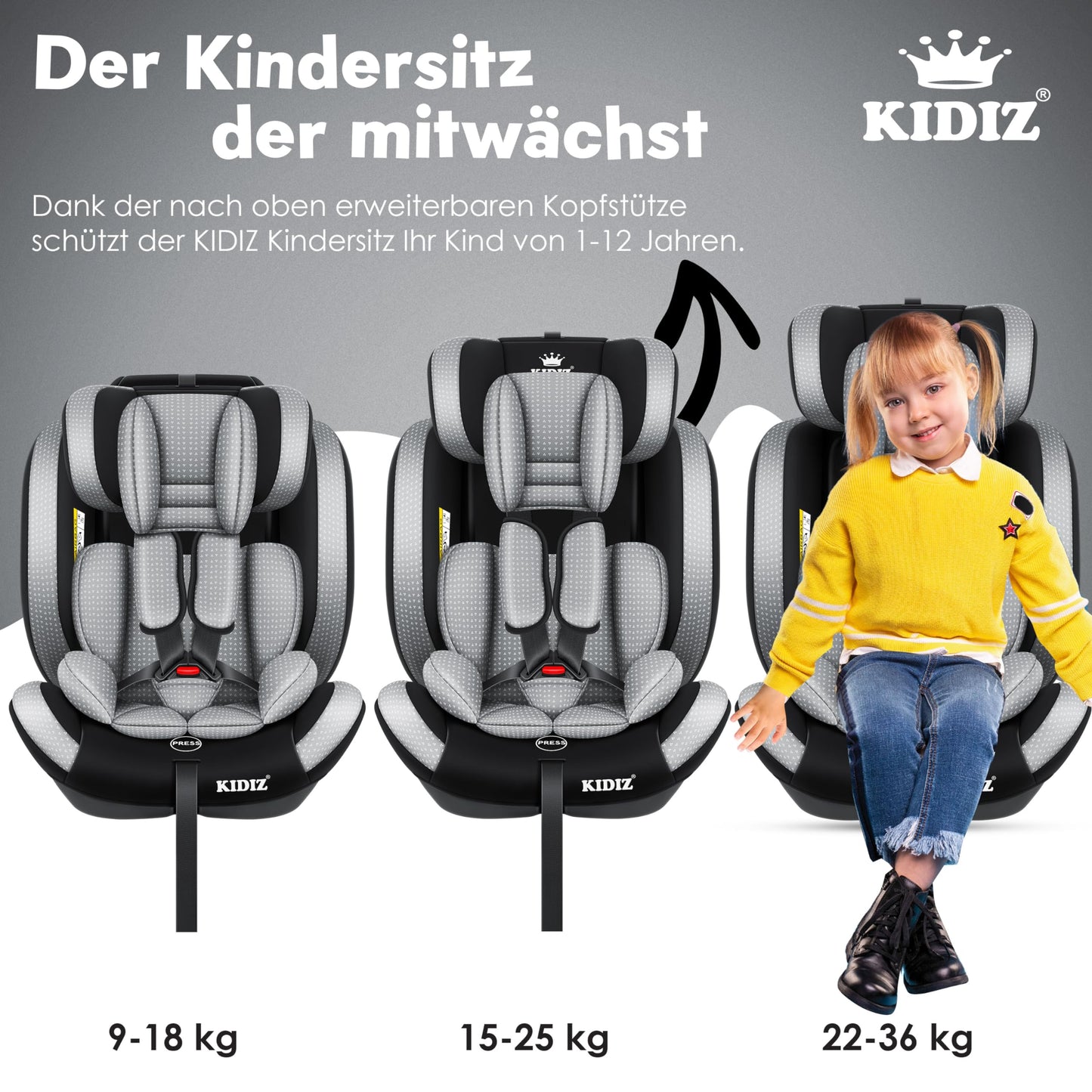 KIDIZ® Autokindersitz Triangle Premium Kindersitz Kinderautositz | Autositz Sitzschale | 9 kg - 36 kg 1-12 Jahre | Gruppe 1/2/3 | universal | zugelassen nach ECE R129/03 | mit Isofix - Meloni2