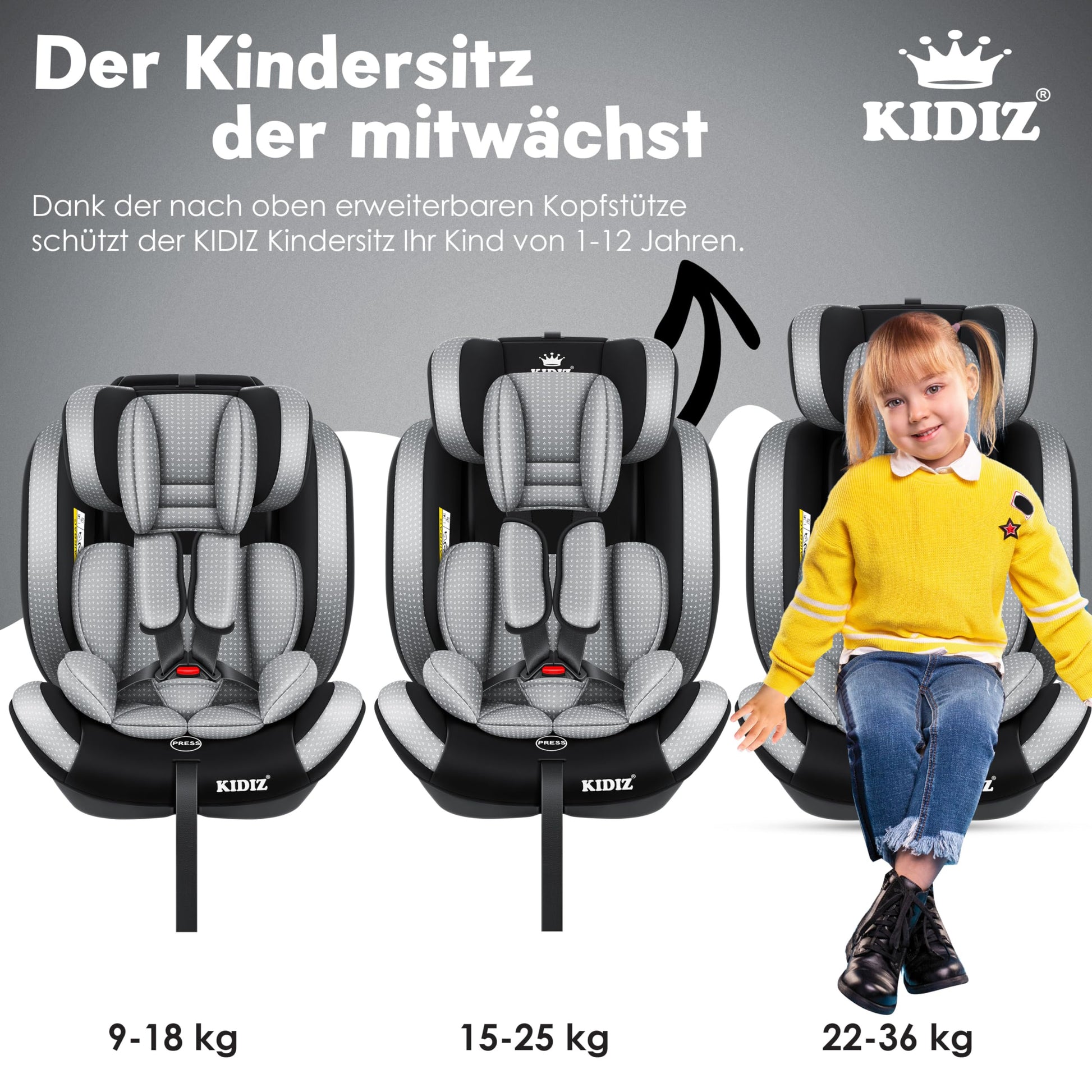 KIDIZ® Autokindersitz Triangle Premium Kindersitz Kinderautositz | Autositz Sitzschale | 9 kg - 36 kg 1-12 Jahre | Gruppe 1/2/3 | universal | zugelassen nach ECE R129/03 | mit Isofix - Meloni2