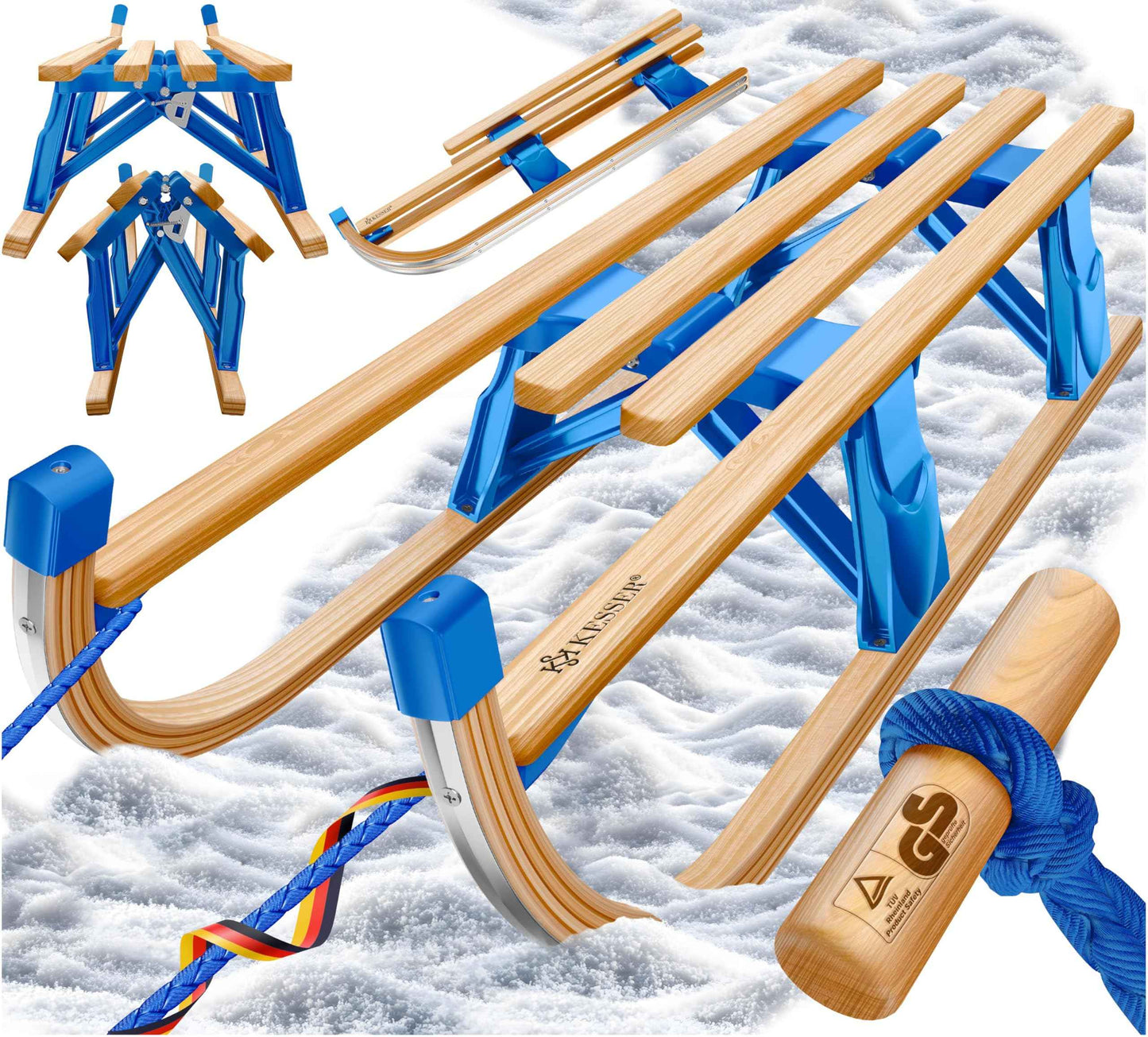 KESSER® Wooden Sledge Premium Children's Folding Sledge Made of Beech Wood Including Pull Rope Slider Metal Runners