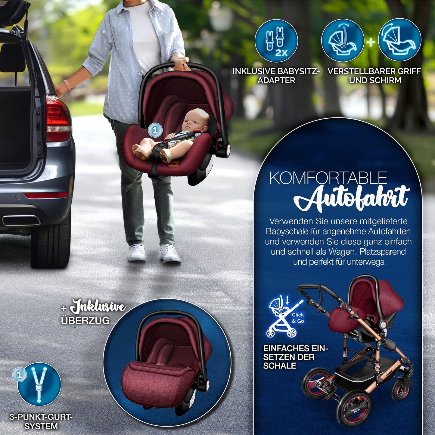 KIDUKU® 3 in 1 Kinderwagen Komplettset | Kombikinderwagen Set inkl. Babywanne & Buggy Sportsitz & Auto-Babyschale Fußsack | Vollgummireifen Wickeltasche Handwärmer Regenschutz Kindertisch ECE R129