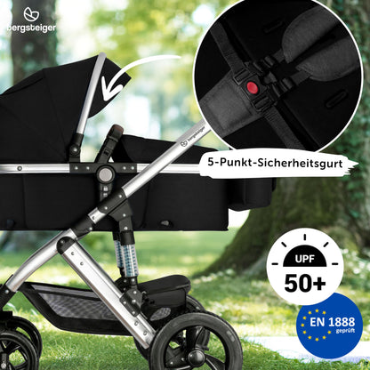 Bergsteiger Nizza 3 in 1 Kinderwagen, Kombikinderwagen Komplettset, Auto-Babyschale & Isofix Station, Babywanne & Buggy Sportsitz inklusive