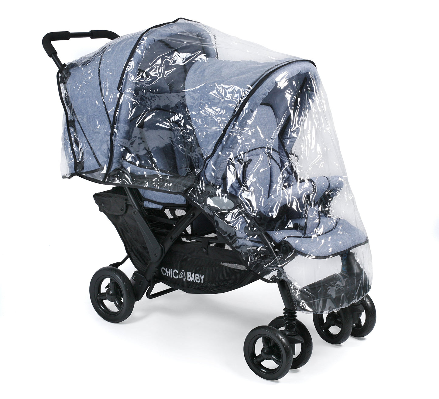 CHIC 4 BABY - Geschwisterwagen DUO mit Tragetasche und Regenschutz, Geschwisterkinderwagen für zwei Kinder, Zwillingswagen, Zwillingsbuggy, Tandemkinderwagen, Tandembuggy, Kinderwagen, Jeans grau